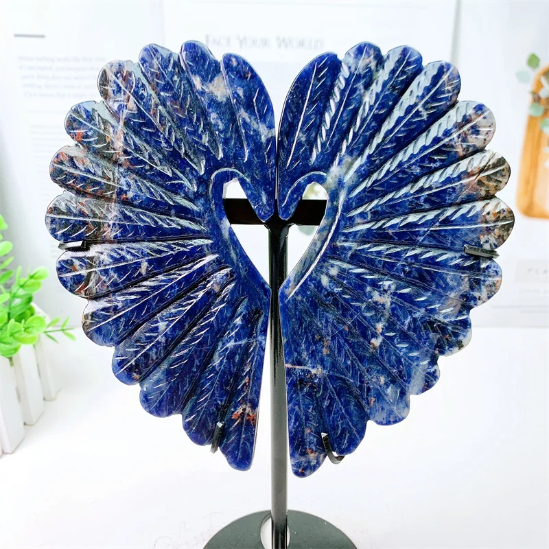 

Natural Blue Sodalite Peacock Carving Wings With Stand Energy Gemstone Healing Stone Home Decoration