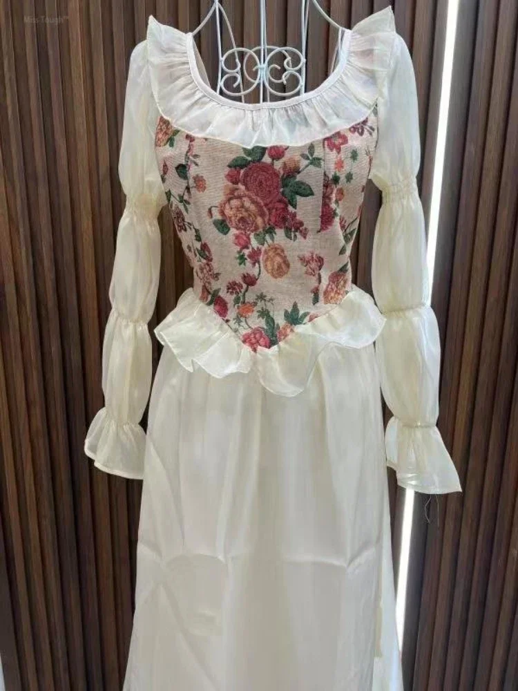 Imagem -06 - Vestido com Estampa Floral Vintage de Peça Única Feminino Vestido Midi de Festa Curto Manga Folhada Roupa Chique Feminina França Y2k Novo Elegante 2024