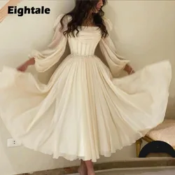 Eightale Evening Dresses Arabic Chiffon Long Sleeves Customized Tea Length Beaded Belt Wedding Prom Party Gowns for Graduation