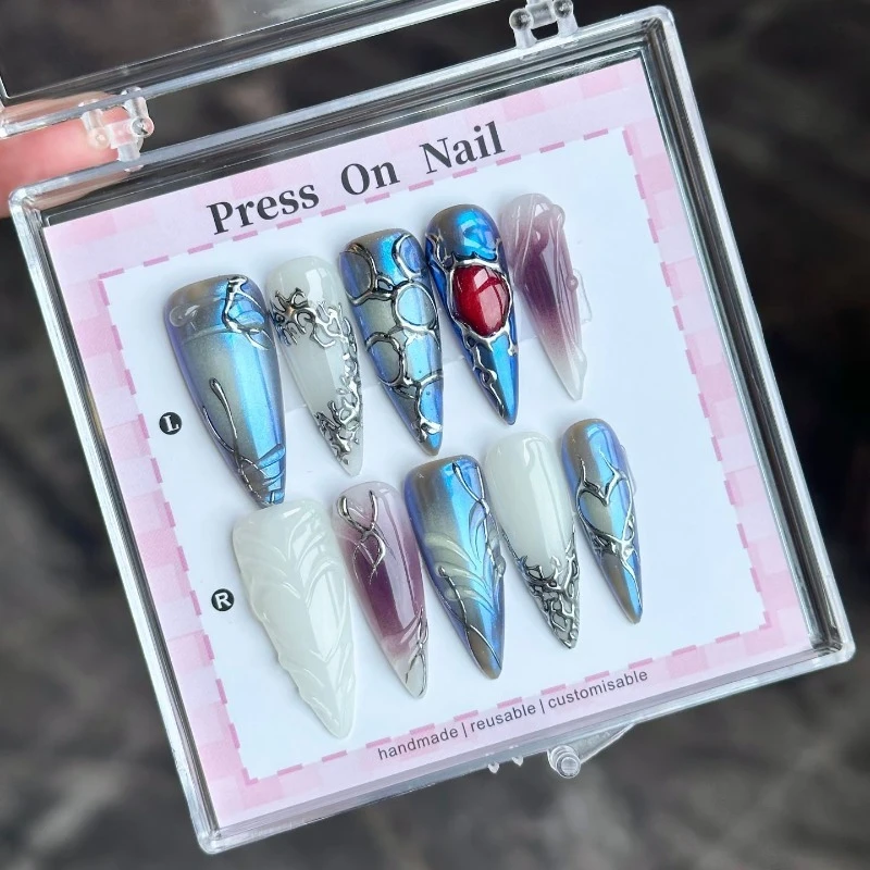 10PCS Gothic Y2k Long Stiletto Press on Nails Burgundy Red Gradient Handmade 3D Silver Metal Line Heart Designs False Nails Tips view 2