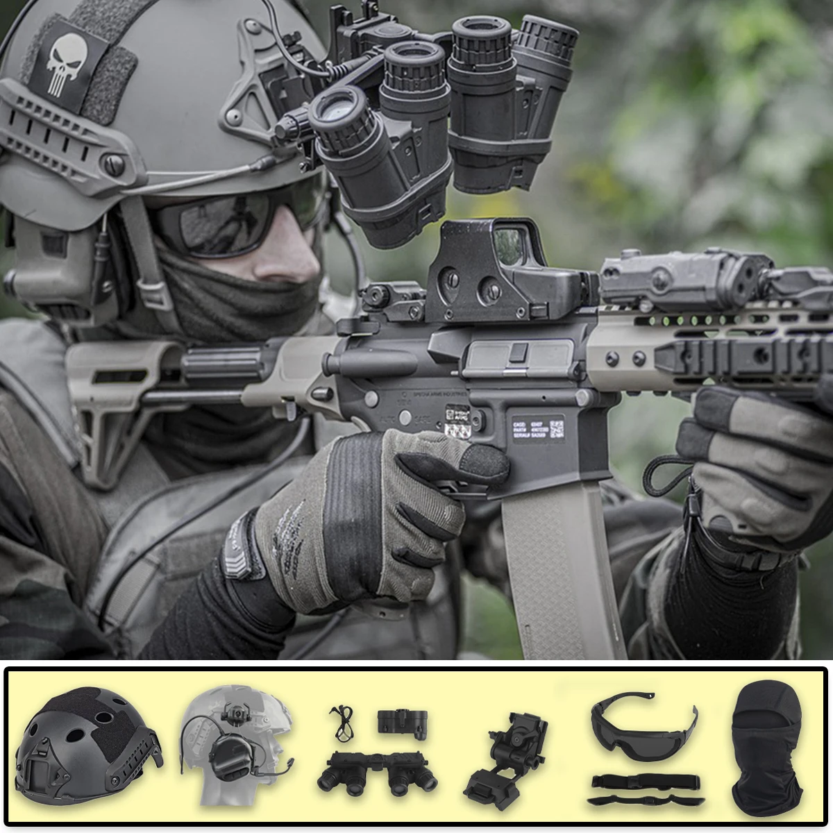 Fast Airsoft Helmet Set with Tactical Headphones Night Vision Model & Goggles for Outdoor Hunting Paintball Shoting Movie Props