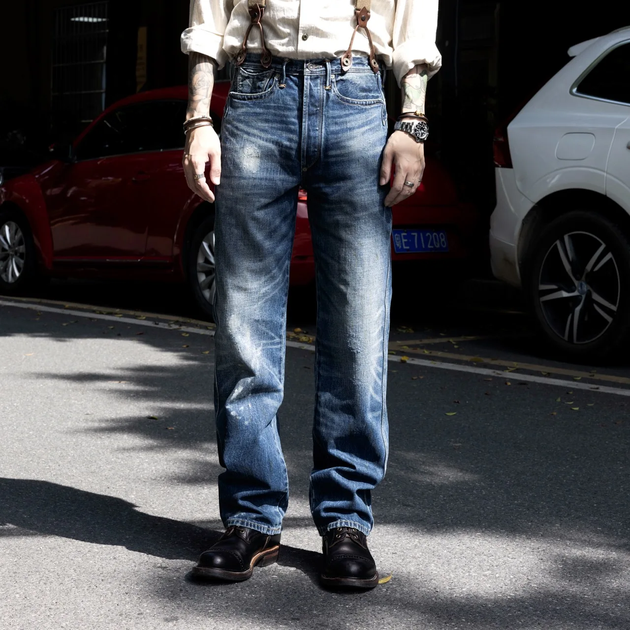 LRCK-0007 Red Tornado 15oz Button Fly Slim Fitting Raw Denim Jeans Buckle Back Super Quality Indigo Selvage Washed Pants