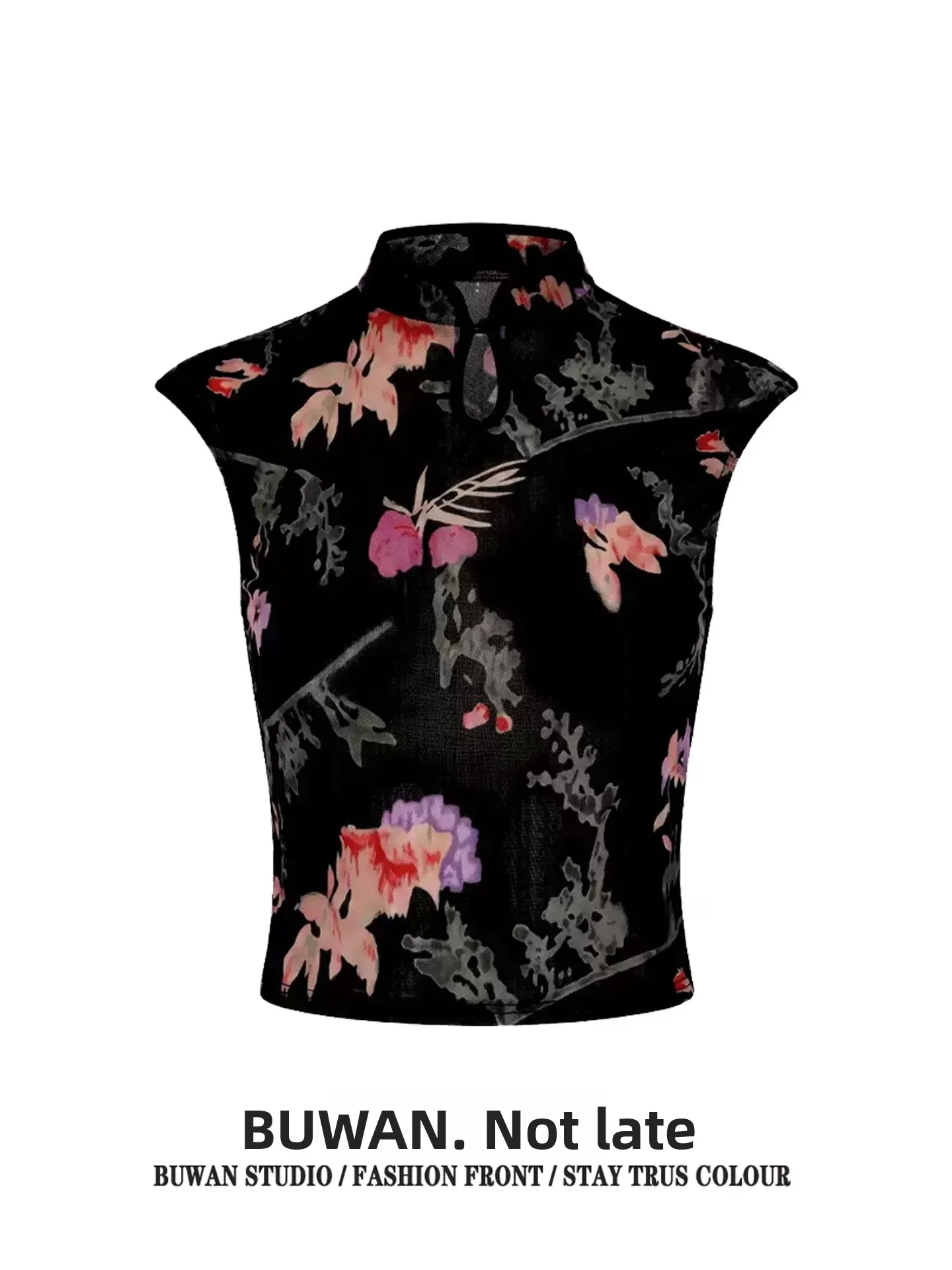 New Chinese Style Short Sleeve Stand Collar Top Women's Black Bottom Retro Peach Blossom Print Flag Dress Vest Straight Cut