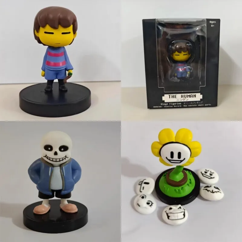 Figuras Humanas de 7cm de Undertale GK Sans Flowey Frisk con Rostro Intercambiable, Figura de Vinilo Pixelada de Girasol, Decoración de Escritorio, Regalos para Fans del Juego
