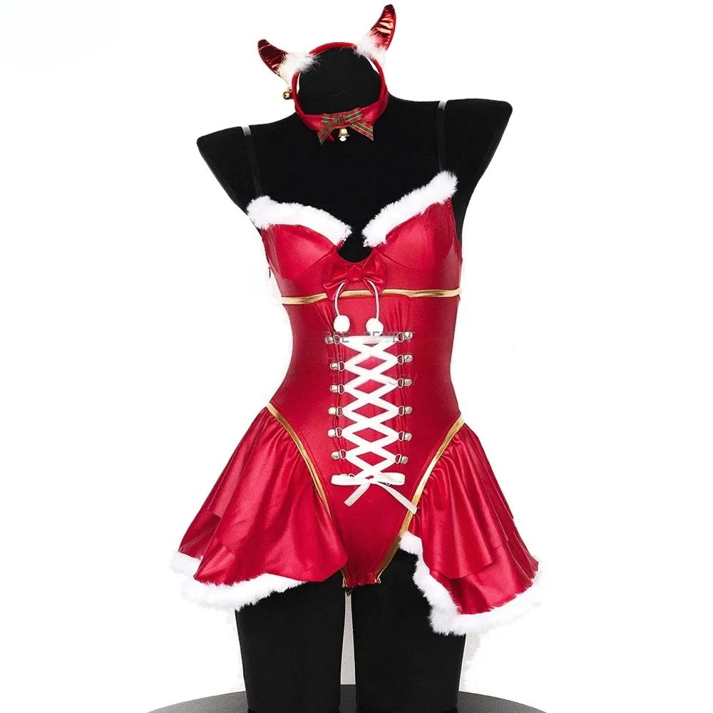 

Anime Game Devil Christmas Outfit Red Leather Bodysuit Uniform Xmas Dress Outfits Cosplay Costume Red New Year Nightdress