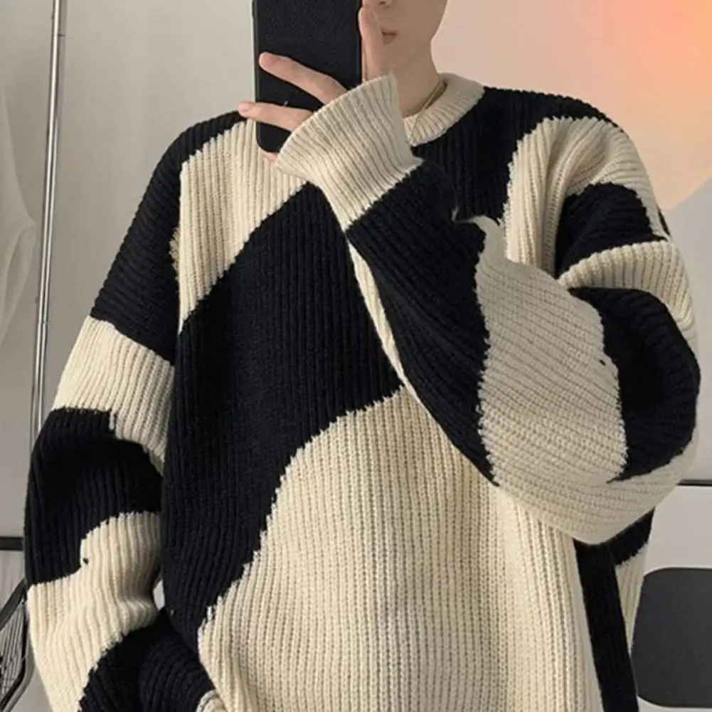 

Soft Long Sleeve Knitwear Vintage Cozy Men's Knitted Sweater with Soft Loose Fit Round Neck for Fall Winter Thick Elastic