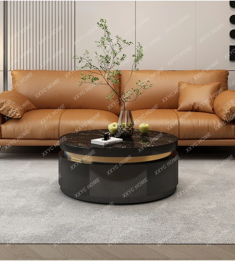 

Solid wood coffee table light luxury modern round slate simple new small apartment marble