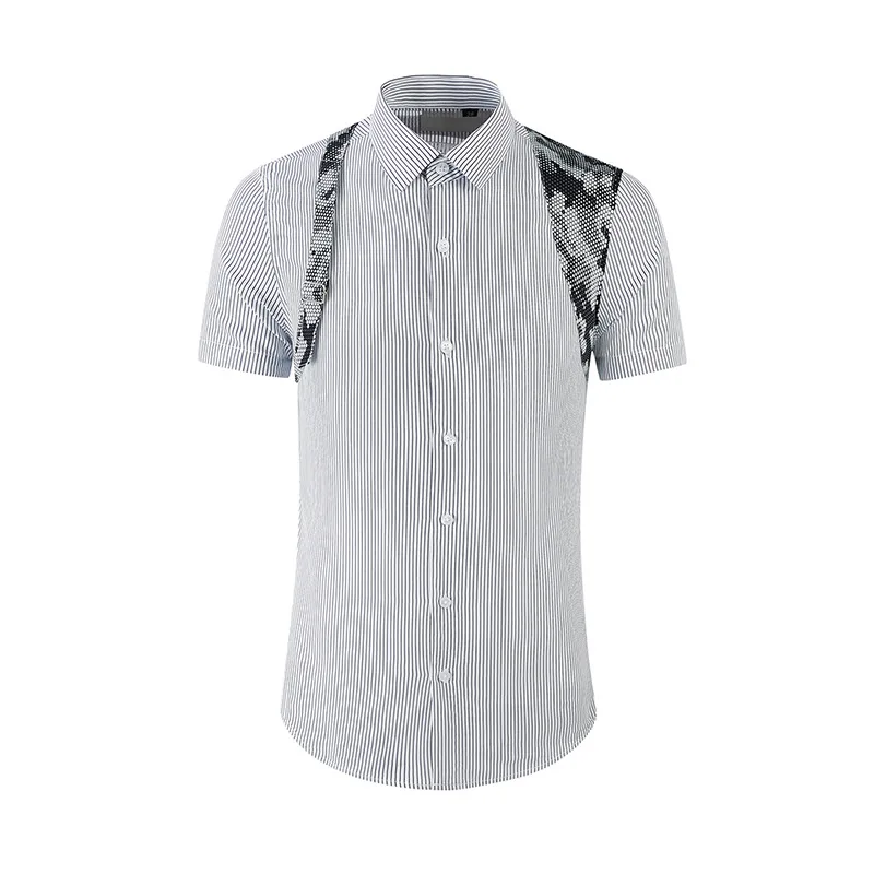 Trendy brand new metal buckle snake pattern shoulder strap patchwork striped men\'s fashionable short sleeved shirt