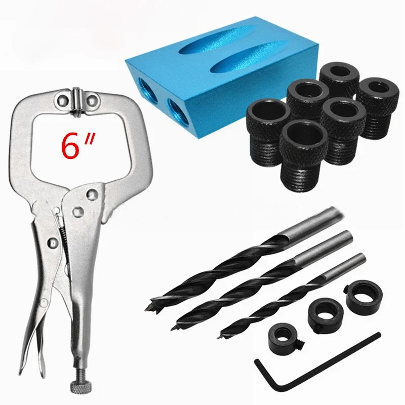 15 Degree Angle Drill Guide Set Oblique Hole Locator Drill Bits Pocket Hole Jig Kit Hole Puncher Woodworking DIY Carpentry Tools