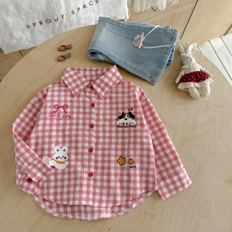 

01-Girls' Shirt2025New Children's Set Plaid Top Stylish Baby Spring and Autumn Cartoon Long Sleeve Shirt Trendy