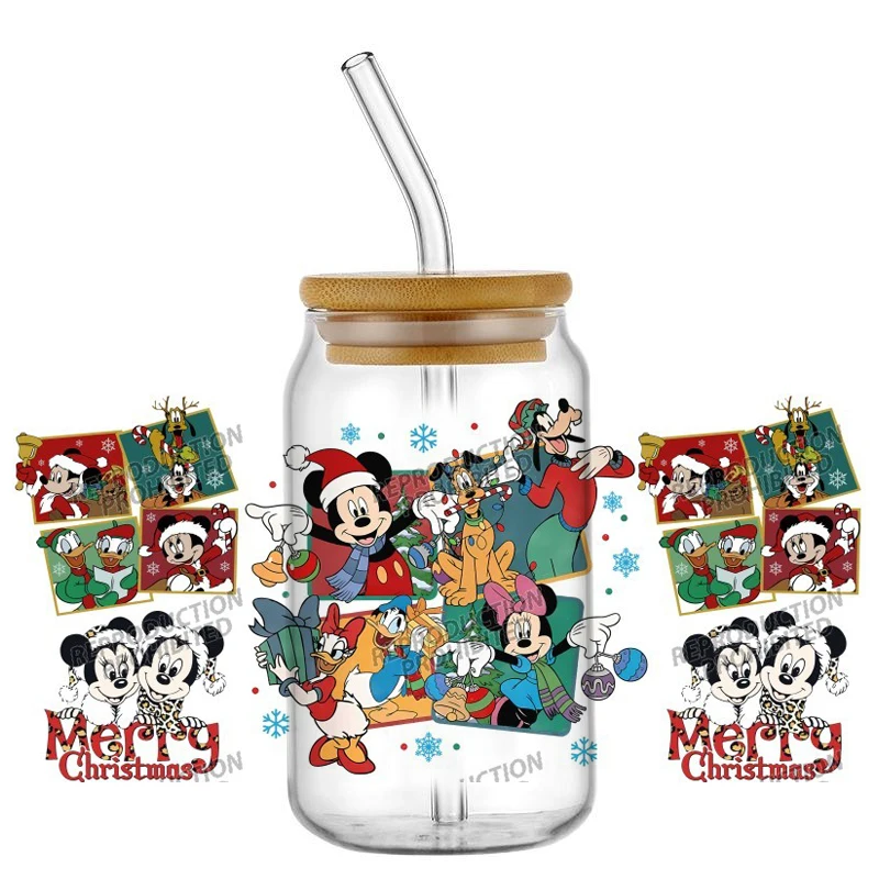 Miniso UV DTF Transfer Aufkleber Mickey Family Weihnachtsmuster Wasserfeste Aufkleber für 16oz Glasbecher Wickelaufkleber