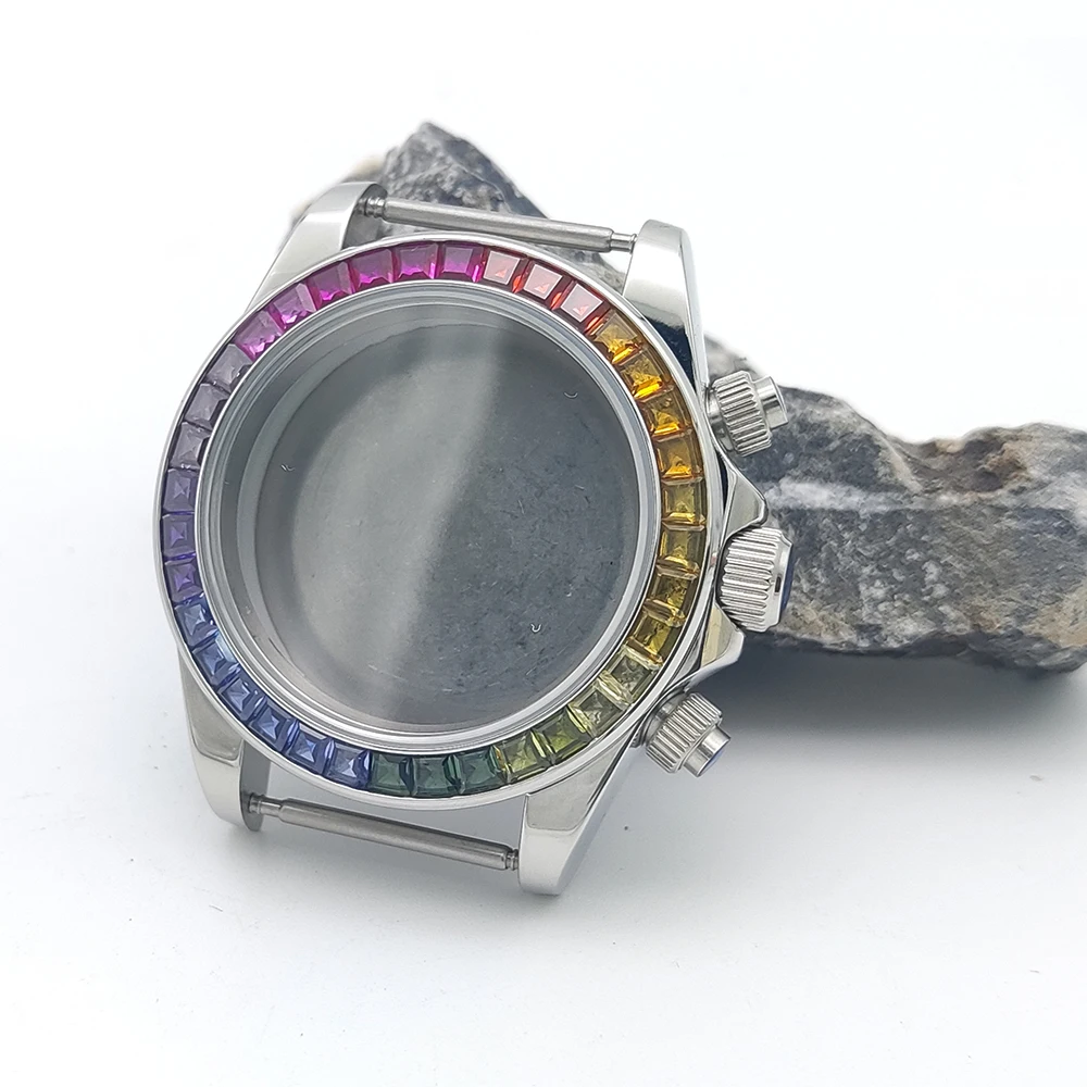 Caja de reloj VK63 para hombre, accesorios de reloj, cronógrafo de 3 ojos, caja de cuarzo multifunción, bisel de diamante colorido