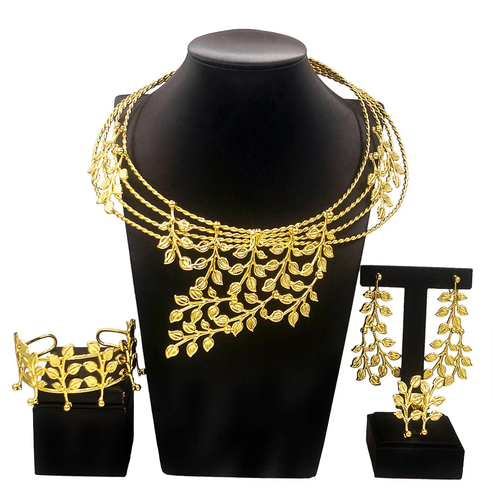 High Quality 3 strands Leaves Pendant Necklace Brazilian Jewelry Set for Women African Party Accessories Stud Earrings H30123