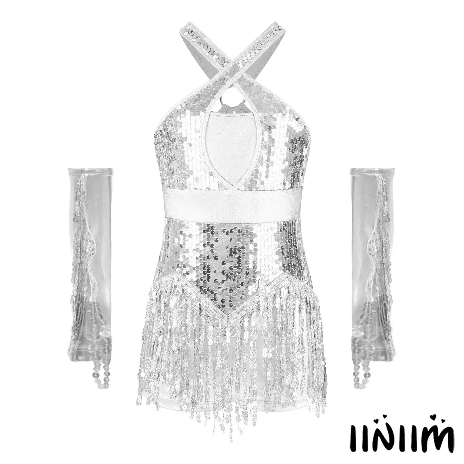 

Детский костюм для соревнований по латинским танцам ча-ча для девочек, костюм с перекрестной передней частью, блестящие блестки, кисточками, джазовый латинский купальник с перчатками, комплект одежды