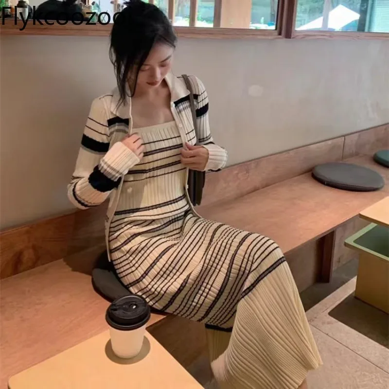 

Striped Sleeveless Tight Waisted Wrap Hip Knitted Mid Dress Women Long Sleeve Single Breasted Coat Autumn Elegant Knitting Suit