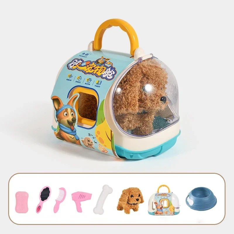 Simulação de cachorro eletrônico infantil, multifuncional, som e luz, boneca interativa de pelúcia com cápsula espacial