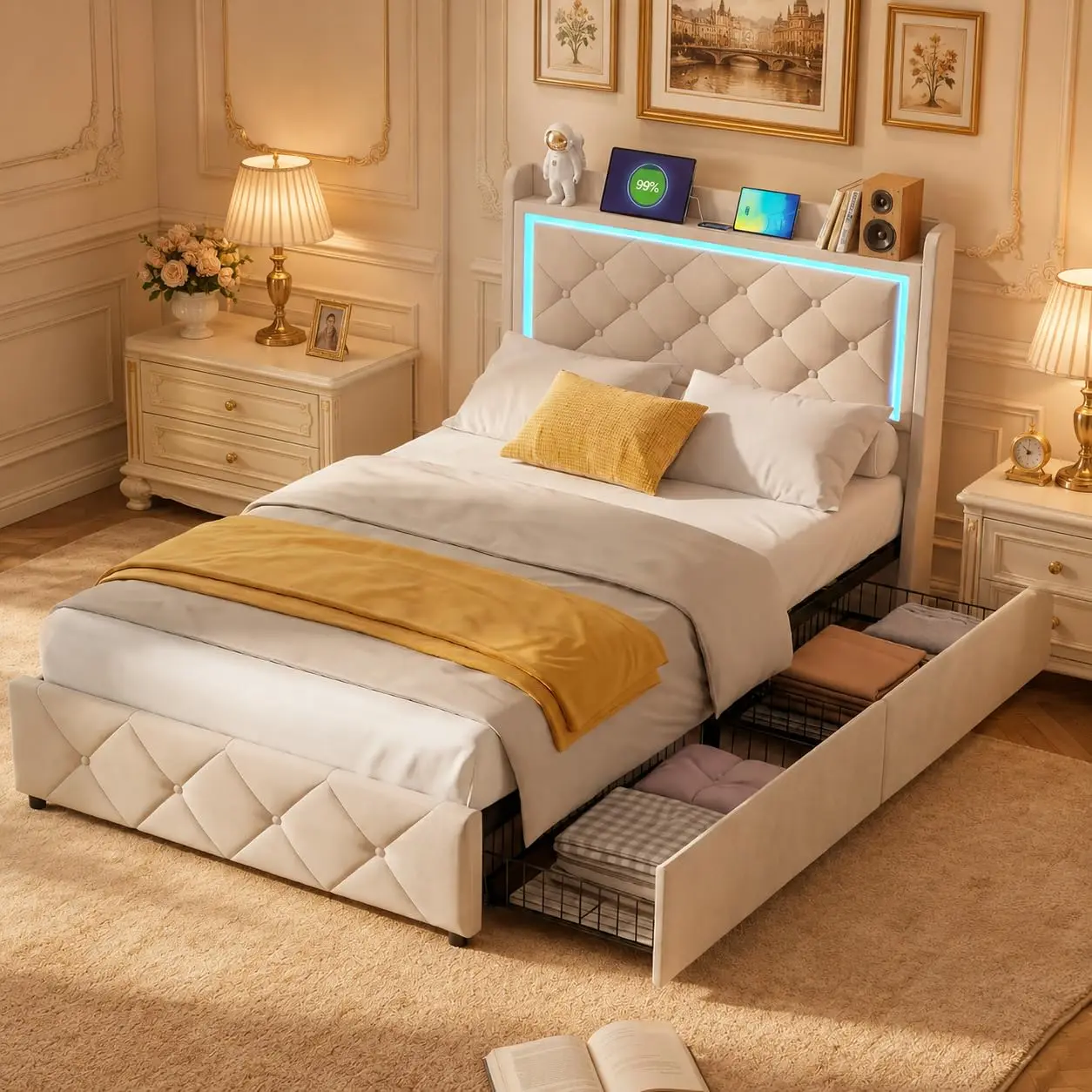 Letto per bambini Anajqaqia, dimensioni 90×200 cm, con 2 cassetti, letto singolo, rivestito, con spazio contenitivo, testiera con schienale, in velluto, colore beige.