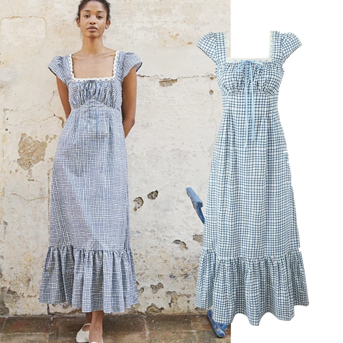 

Maxdutti French Retro Blue Plaid Dress Country Lazy Holiday Summer Dress Lace And Cotton Splicing Square Neck Maxi Dress Women