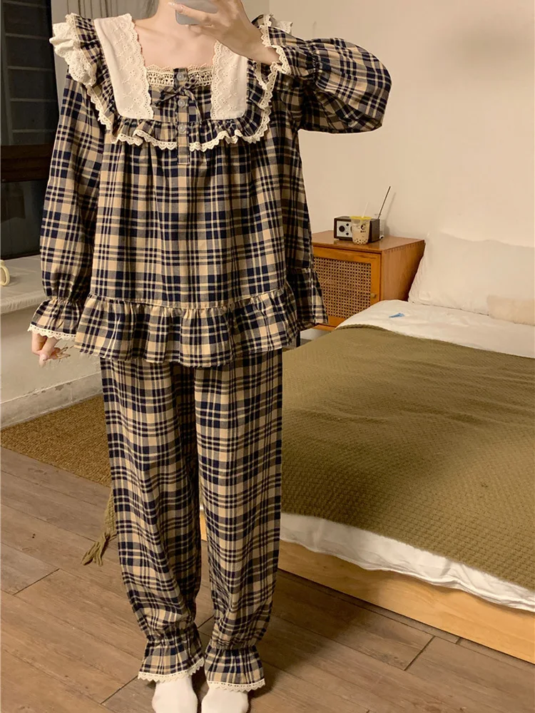 Lace New Home Soft Loose Plaid British style Sweet Long Sleeve Pajama Set Women Girlish Princess Spring Elegant Casual Sleepwear