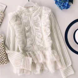 Sweet Hollow Lace Ruffled Shirts Stand Collar Spliced Lace Pleated Blouses 3D Lotus Decor Multi-Layers Long Sleeved OL Tops
