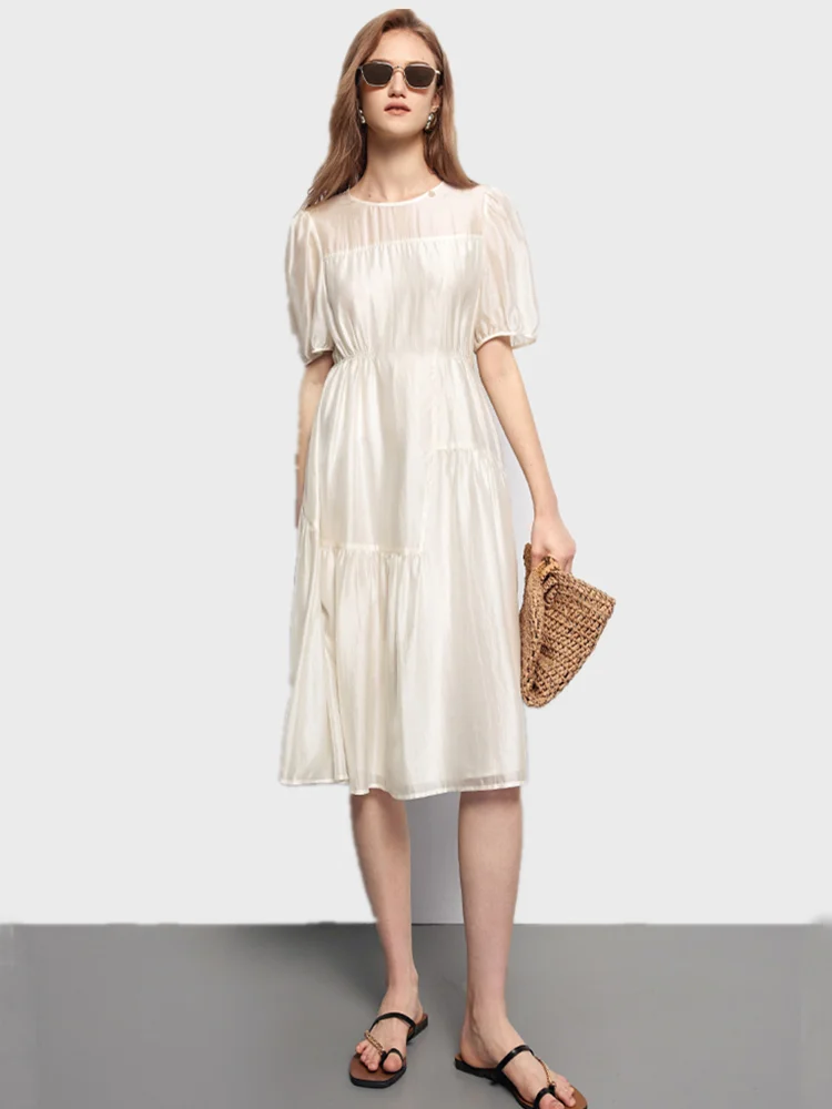 

Summer New Rayon O-Neck Elegant Long Dress Puff Sleeves Hot Selling Lightweight Fashion Smooth Temperament High Street Vestidos