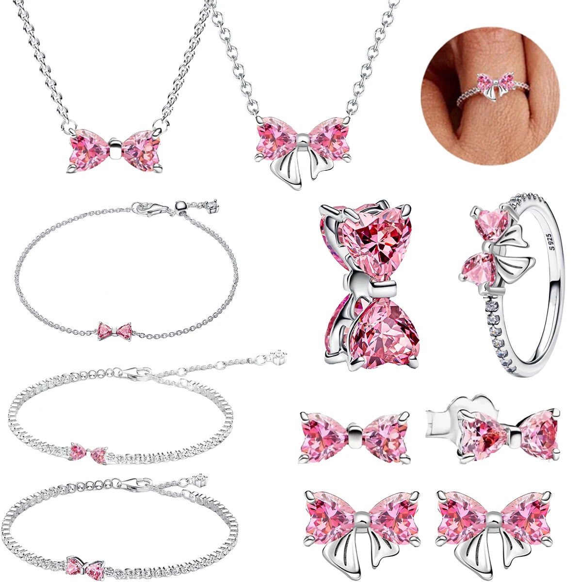 

925 Sterling Silver Pink Bow Set Charms Rings Earrings Necklaces Bead Sparkling Women's Jewelry Gift Fashion Light Luxury Making