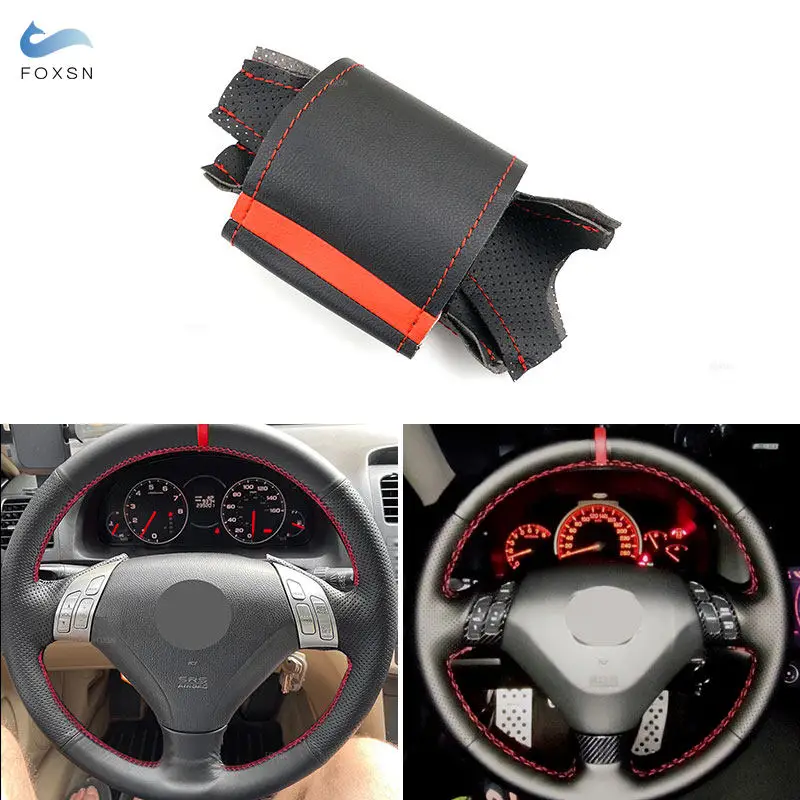 Car Hand Sewing Steering Wheel Cover Red Strip Thread For Honda Accord Coupe 7 Accord Euro Acura TSX 2003 2004-2008 (3-Spoke)