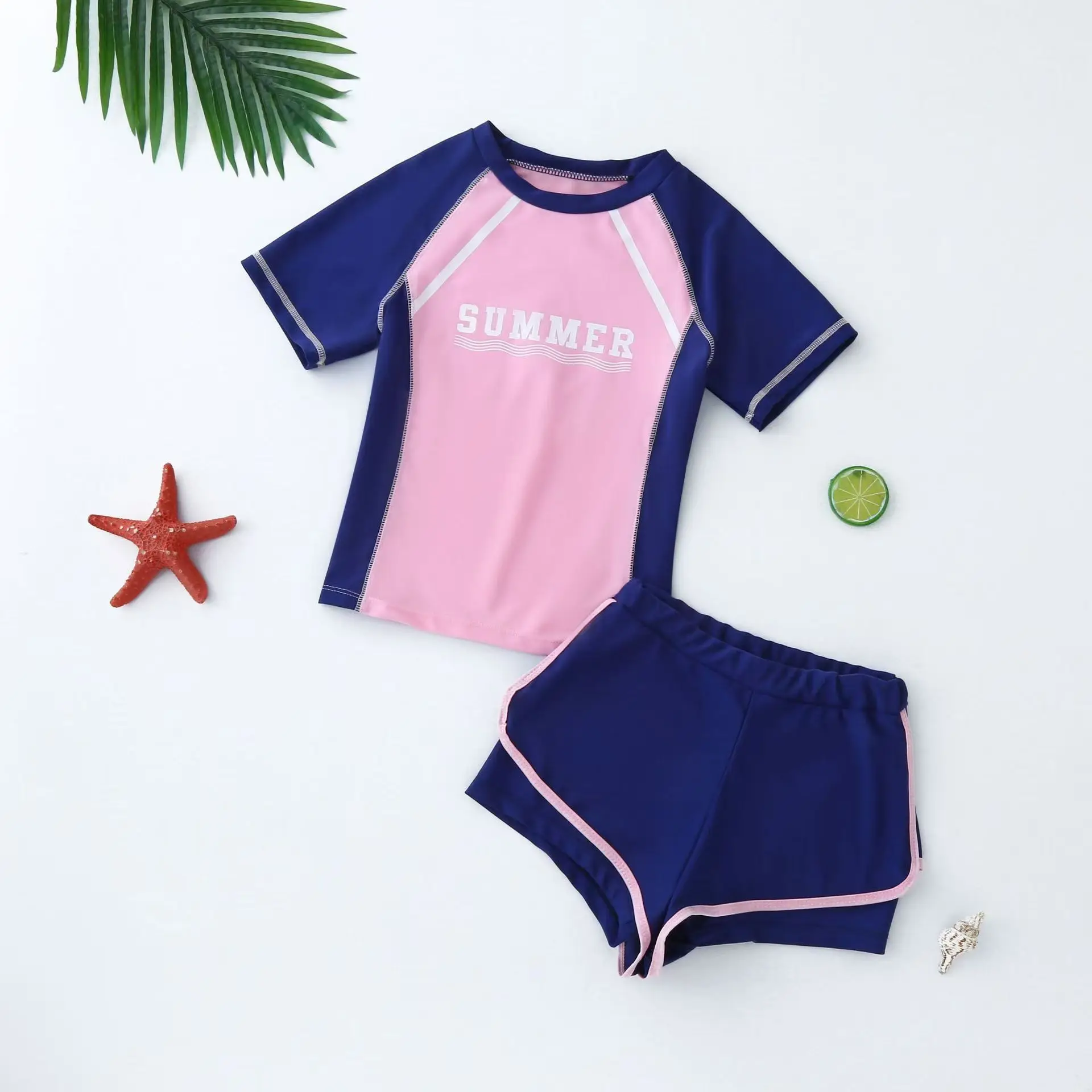 Girls Swimsuit 2 Piece Sets Summer Beach Breathable Bathing Suit Short Sleeve  Swimwear with Swimming Trunks