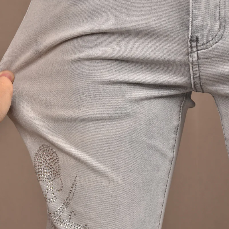 Summer Thin Light Luxury Printed Jeans Men's Fashionable High-End Stretch Slim Fit Skinny Casual Light Color Trousers