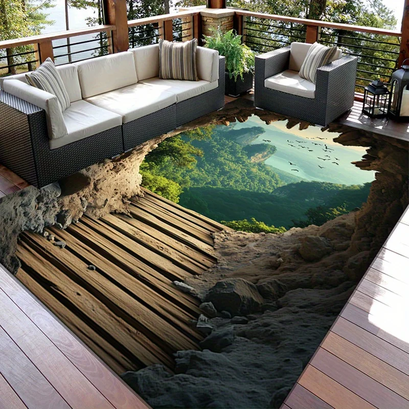 

3D ковер с иллюзией Cliff, тематический ковер для приключений на открытом воздухе для балкона, уникальный пейзажный дизайн, противоскользящий ковер, можно стирать в машине