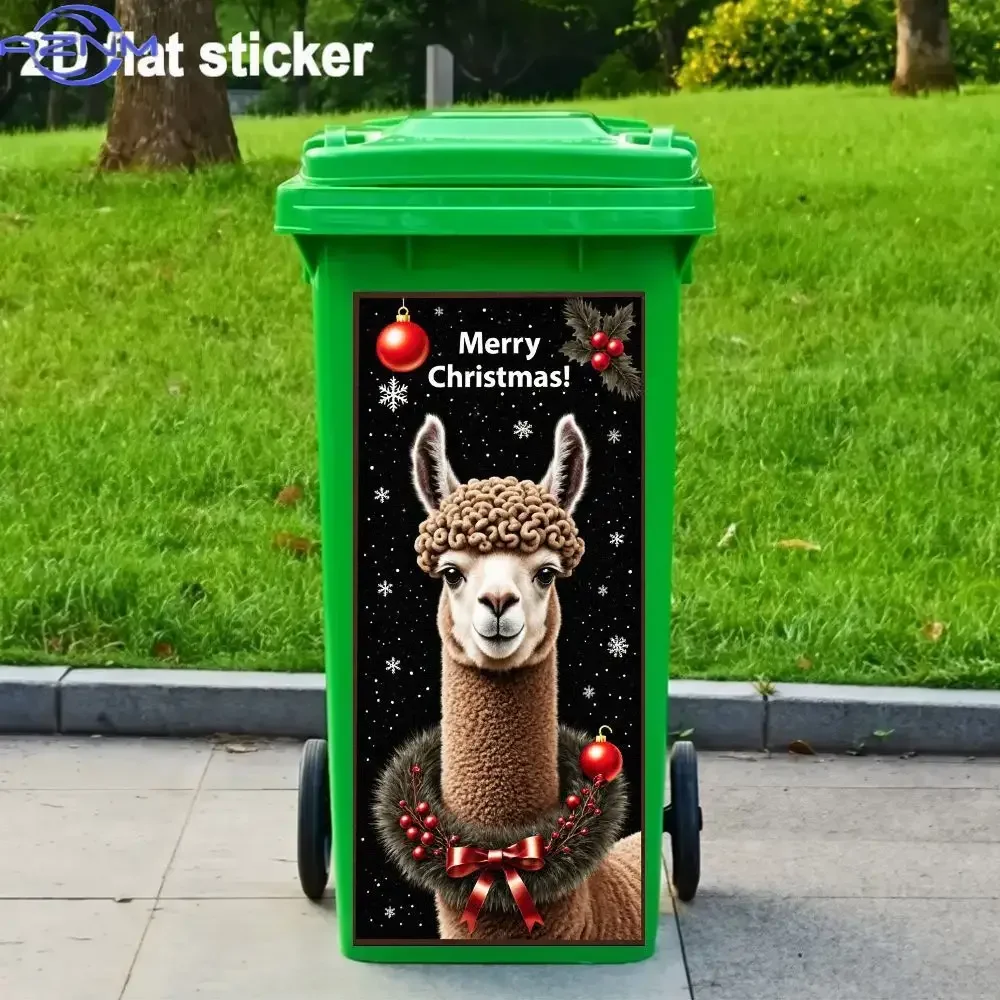 1pc, 2D Flat Christmas Sticker, Fluffy Camel (Or Alpaca) Theme, White Snowflakes on a Black Background, Green Plush Garland De