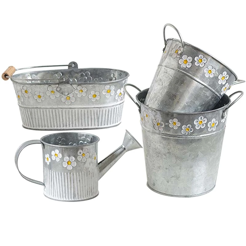 Vintage Metal Tin Flower Bucket Plants Herb Pot Tabletop Vases Container Watering Can with Handle Home Garden Decor