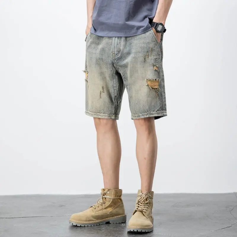

Vintage Style Men's Ripped Jeans Shorts Distressed Loose Fit American Retro Plus Size Mid Length Summer Lightweight Fashionable