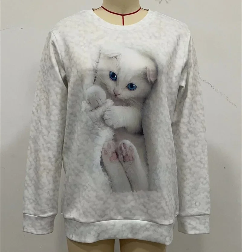 Women Spring Autumn O Neck Pullover Hoodie Cute Cat Print Comfortable Casual Sweatshirt Female New Korean Loose Long Sleeve Tops