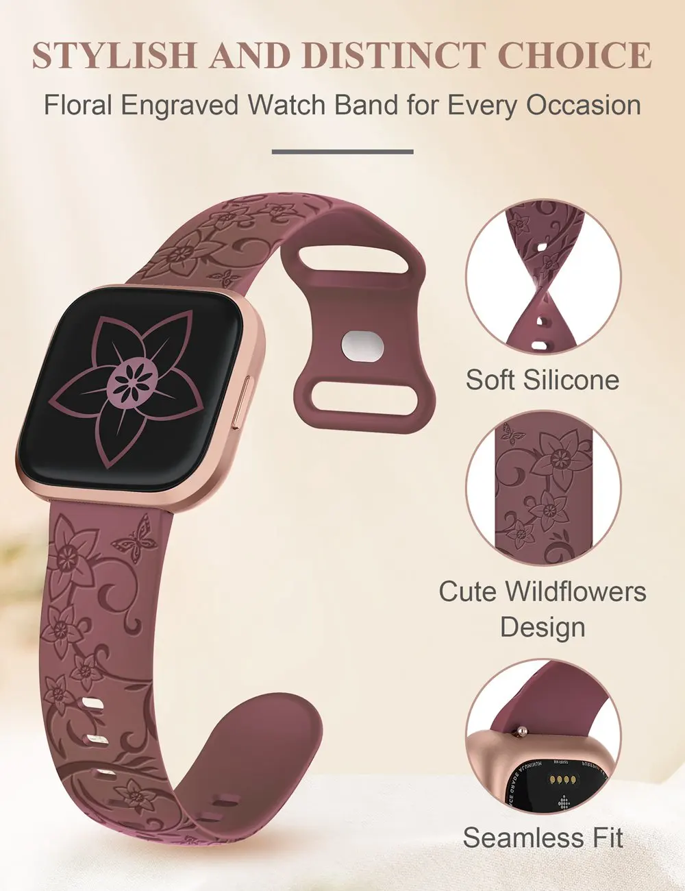 Wearlizer Wildflowers Floral Engraved Band for Fitbit Versa 2/Versa/Versa Lite/Versa SE Silicone Cute Butterflies Strap