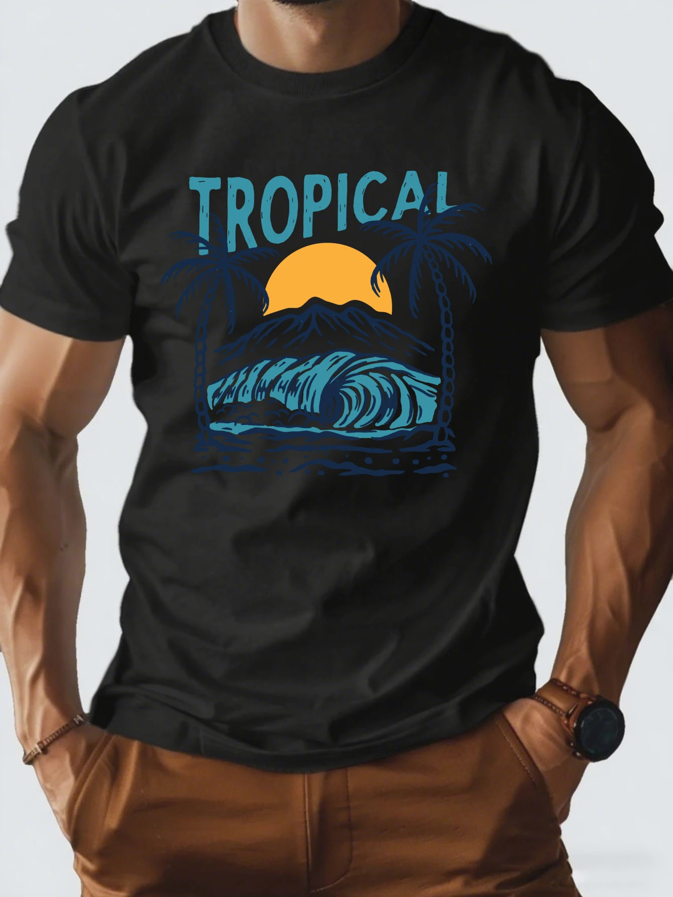 

Men's "Tropical" Sunset T-Shirt Summer Beach Retro Casual Streetwear Cotton Tops