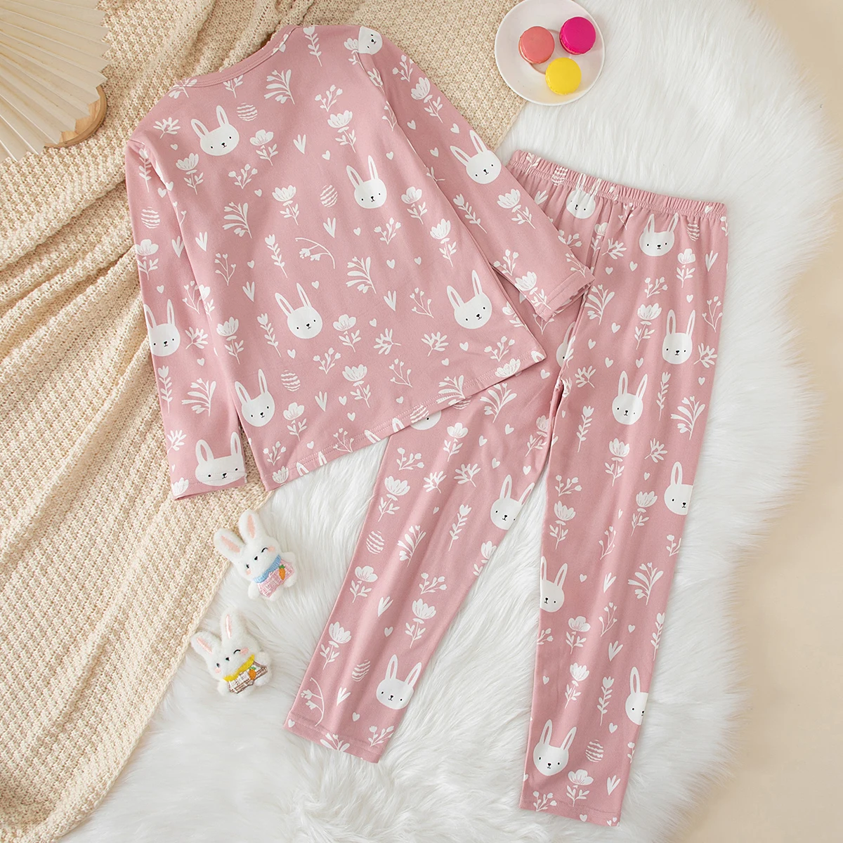 2-teiliges Set aus süßer und niedlicher bedruckter, warmer und dicker Unterwäsche für Mädchen im Herbst und Winter, bequemes langärmeliges Hausset – Detail 6