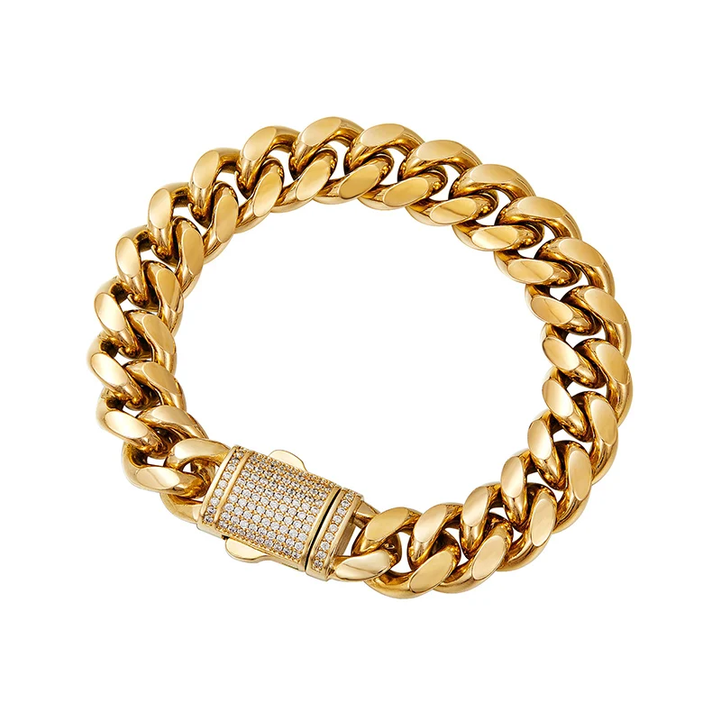 Hip Hop 3A+ CZ Stone Paved Bling Iced Out Cuban Miami Link Chain Bracelets for Men Rapper Jewelry Gold Color