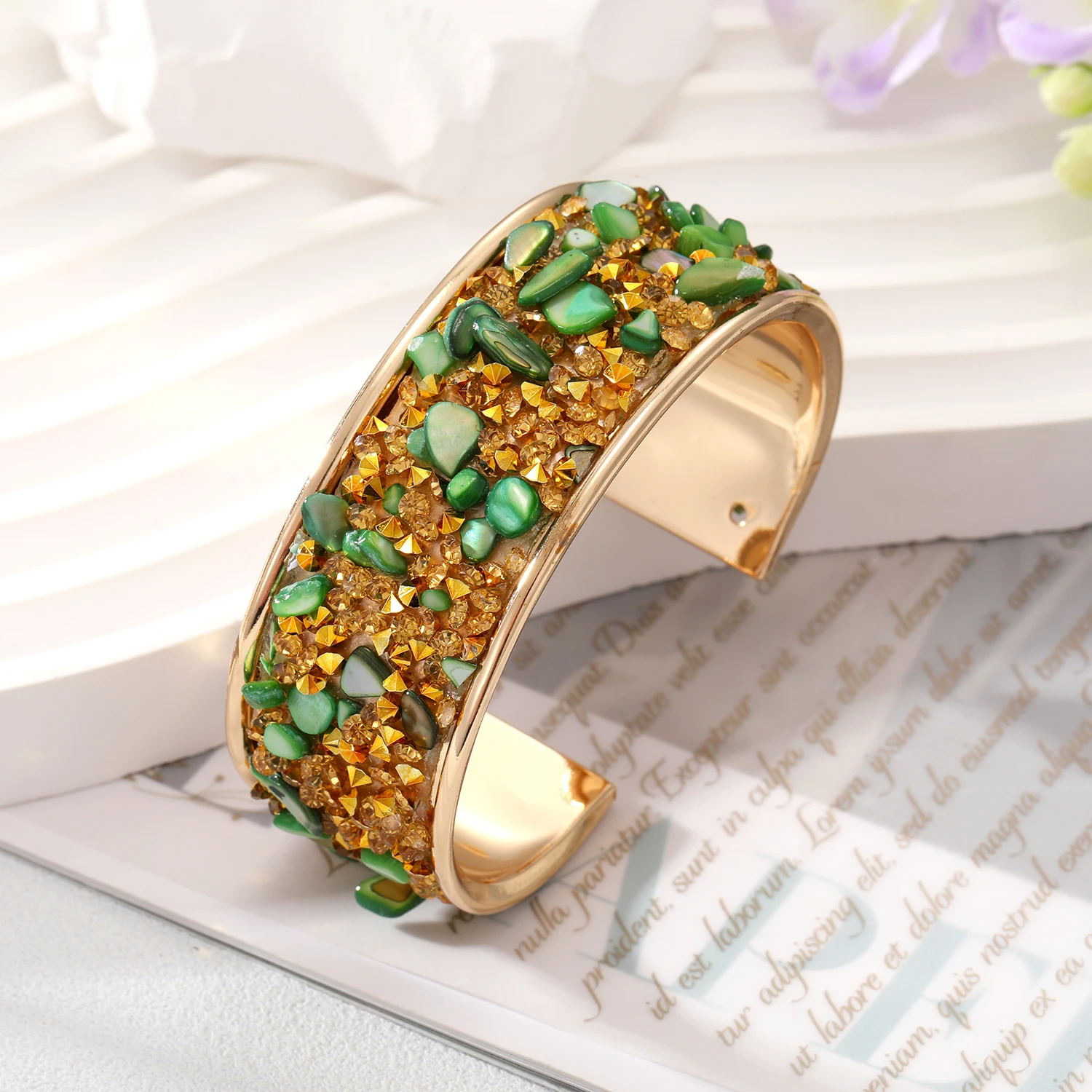 European Bohemian Stone Zircon Bangle Cuff Bracelet For Women New Trendy Gold Color Rhinestone Open Adjustable Wedding Jewelry