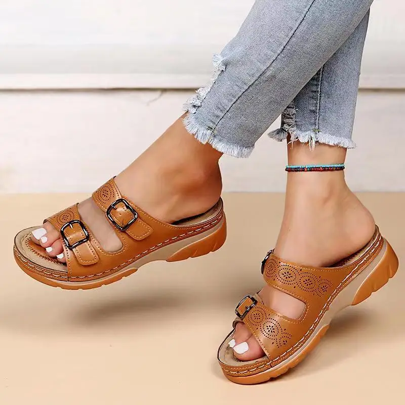 Women Closed Toe Summer Shoes 2024 New Comfort Double Buckle Wedge Ladies Sandals Plus Size Platform Casual Slippers Women