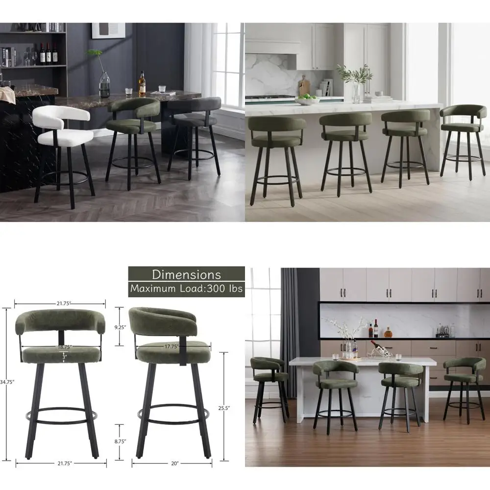 

Современные зеленые барные стулья высотой до столешницы, комплект из 4 кожаных барных стульев с спинками/металлическими ножками/подставкой для ног, мягкие барные стулья для комфортной работы за столом
