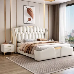 Linlamlim Luxury Modern Upholstered Bed Frame with Gold Accents, Genuine Leather Designer Bed, Queen/King Size Bedroom Furniture