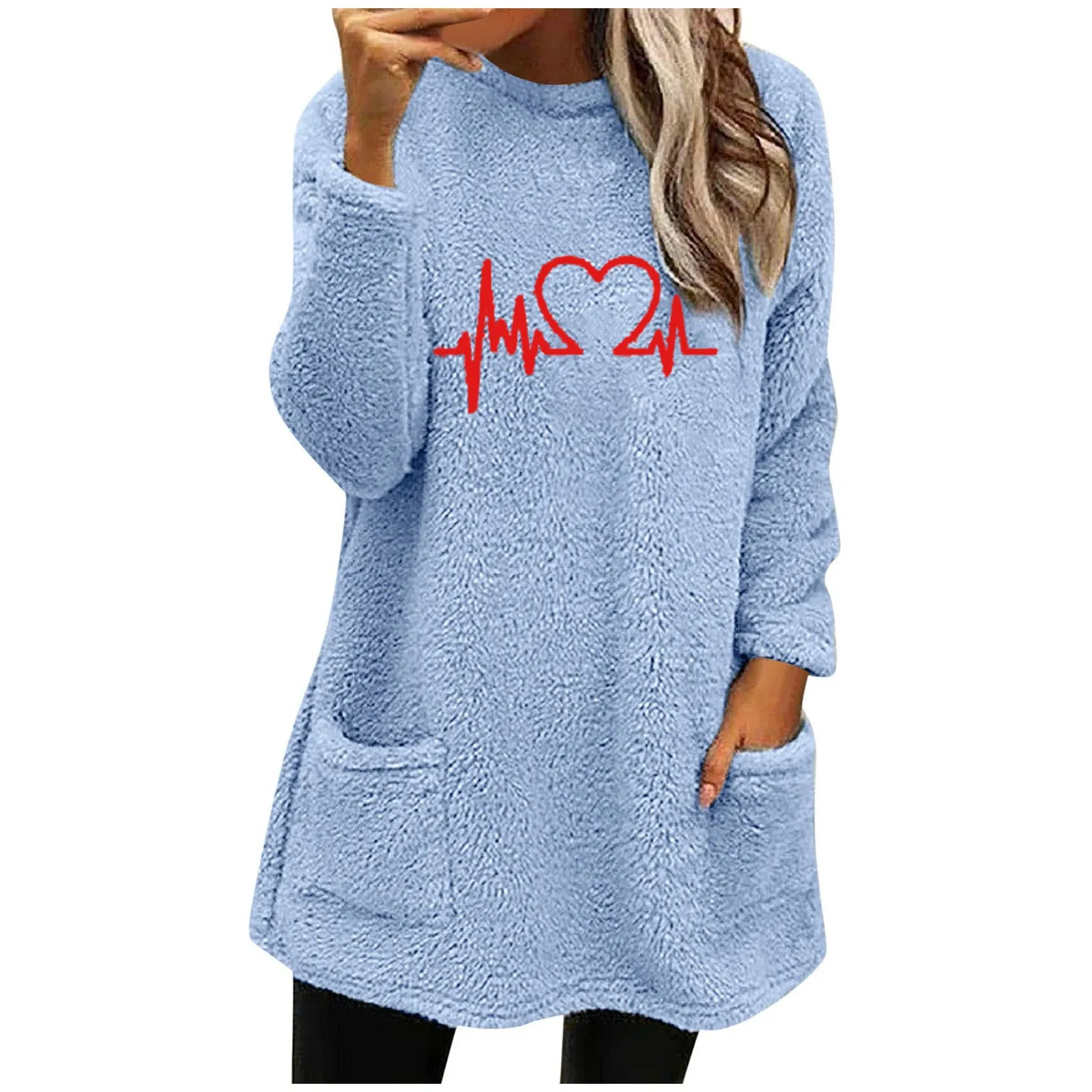 

Women'S Plush Pullover Hoodie Love ECG Print Fashion Simple Top Round Neck Long Sleeve Loose Comfortable Warm Casual Hoodie