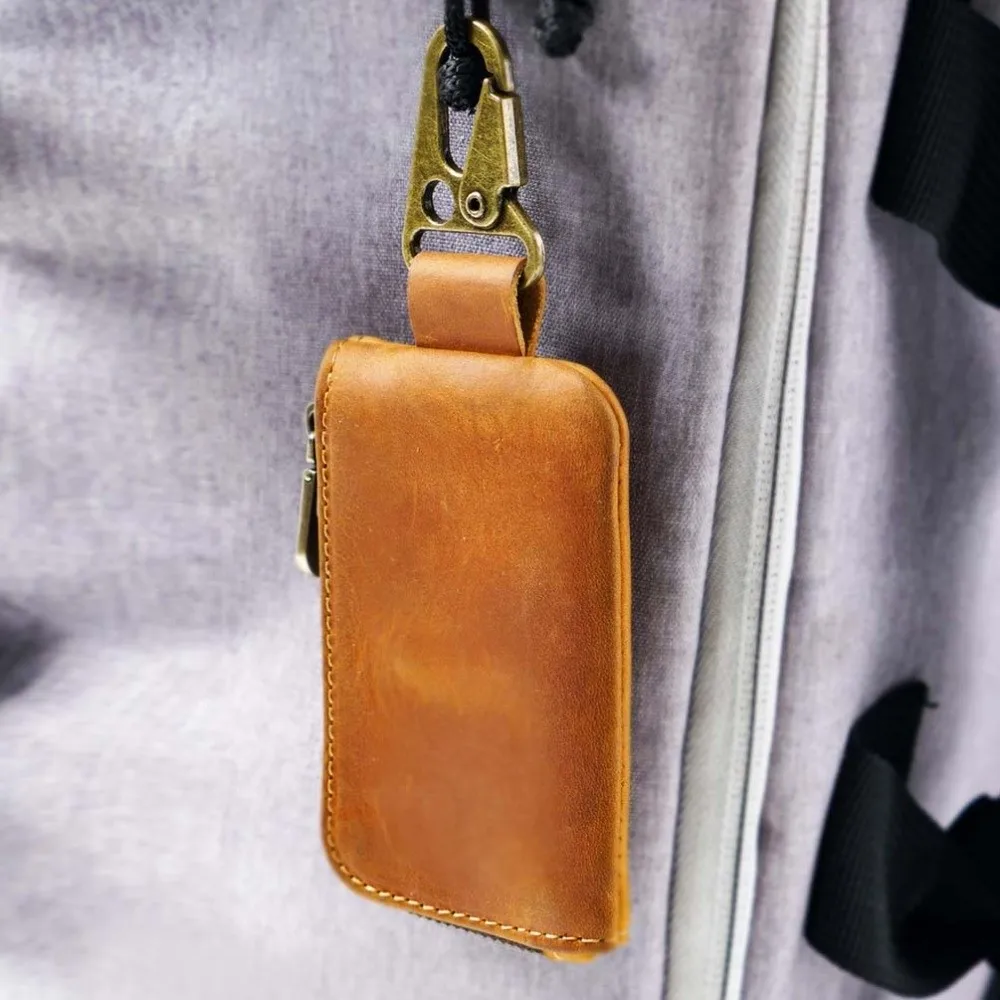 

Genuine Cowhide Key Fob Holder Antique Brass Carabiner L-Shaped Zipper Crazy Horse Leather Wallet 360 Degree Swivel Clip