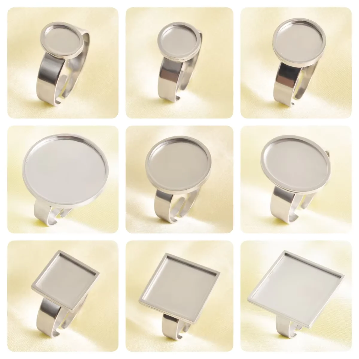 6pcs Vintage Geometry Different Size Open Adjustable Ring Cabochons Setting Blank Base Round/Square Tray Stainless Steel Rings