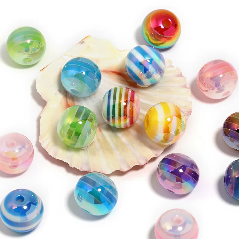 100PCS 16mm Acrylic Rainbow Striped Beads Lollipop Candy Plated Colored Beads DIY Mobile Phone Chain Keychain Accessories