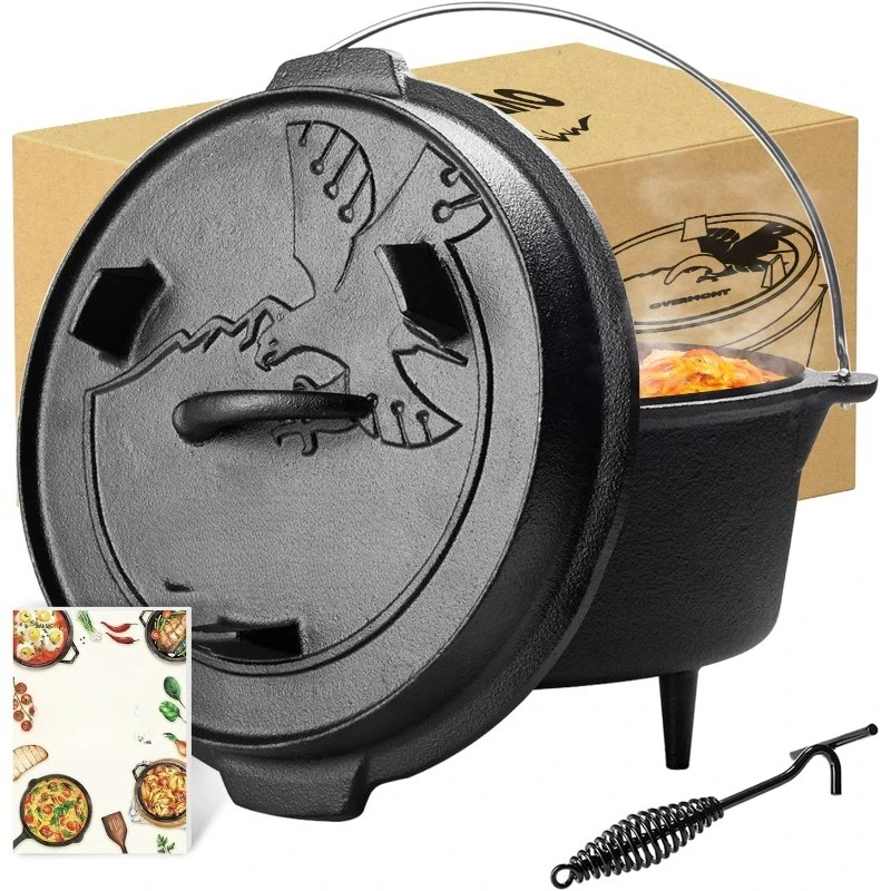 

Camp Dutch Oven Pre Seasoned Cast Iron Lid Also a Skillet Casserole Pot with Lid Lifter for Camping Cooking BBQ Baking