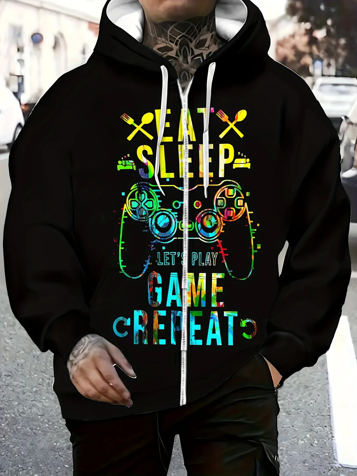 Moletom com capuz gráfico de jogos vibrantes masculino – Design "Xbox Let'S Game Eat", jaqueta preta com zíper e estampa colorida de controlador de jogo, Coz