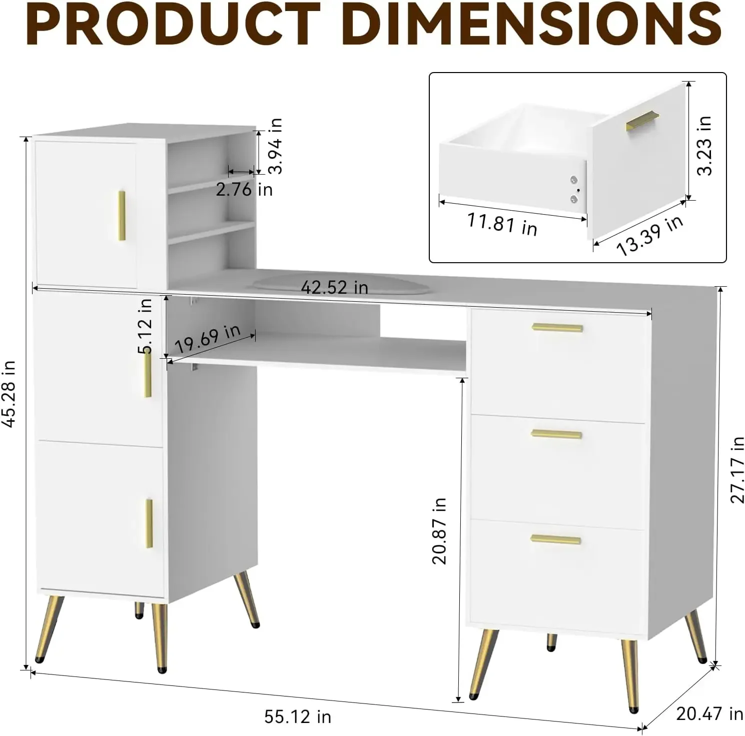 Portable Nail Desk with White Manicure Table Nail Station L-Shaped Salon Corner with Shelves Nail Art Equipment