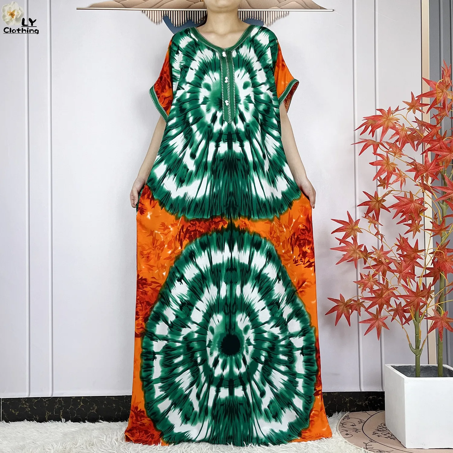 New Summer Short Sleeve African Dashiki Cotton Abaya Woman Elegant Maxi Tie-dyed Floral Loose Style Dubai Fashion Lady Dresses